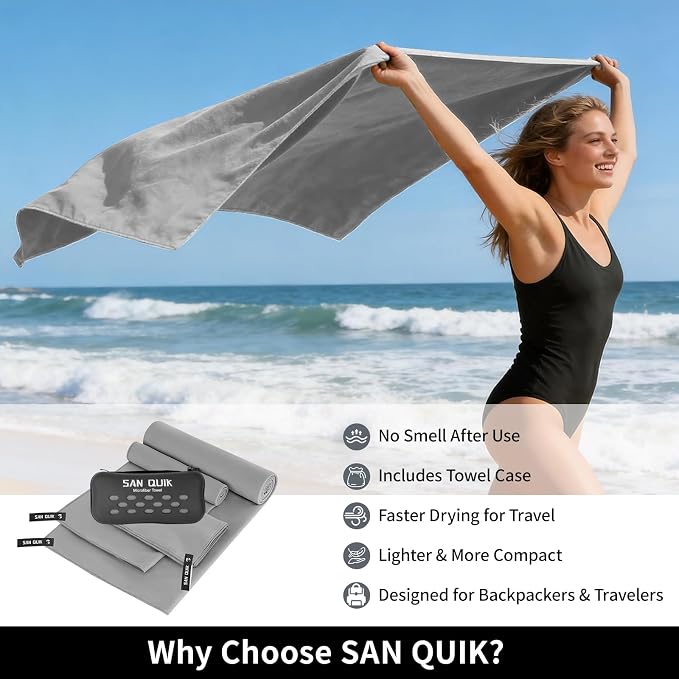 Quick Dry Camping Towel with EVA Case, Microfiber Travel Towel 3 Size at 1 Pack, Super Absorbent Lightweight Fast Drying Towel Set for Beach, Gym, Sports, Backpacking, Yoga & Swimming Pool, Gray
