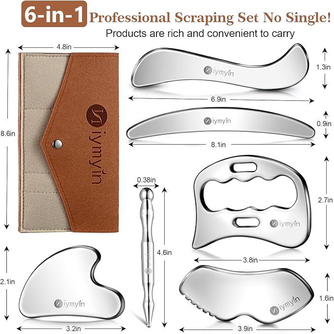 6-in-1 304 Stainless Steel Muscle & Fascia Scraper Tool Set, for Body Skin Massage and Sore Muscles, Myofascial, Iastm Tools, Soft Tissue Mobilization Tools, Full Body Gua Sha Kit, Gift-for Her
