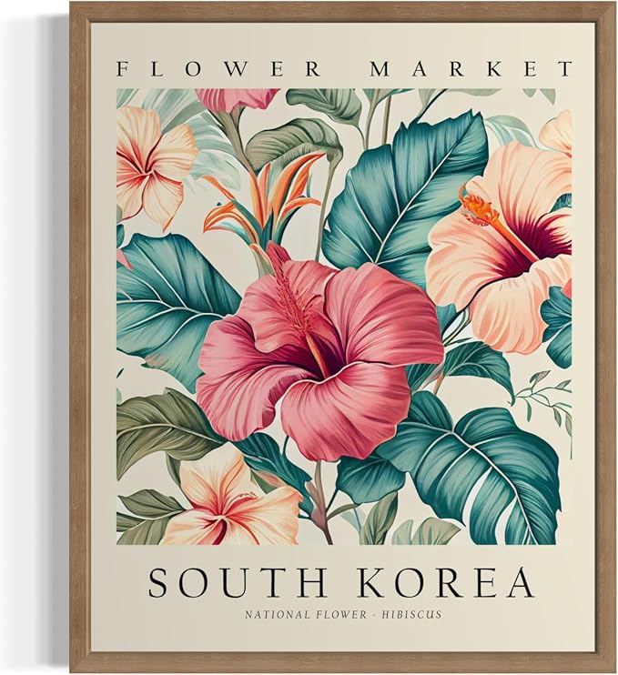 South Korea Flower Market Art Print Poster, Wall Art Floral Painting Botanical Decor for Bedroom, Kitchen, Bathroom Livingroom Decoration 82B (South Korea, 14"L x 11"W, Wood Frame)