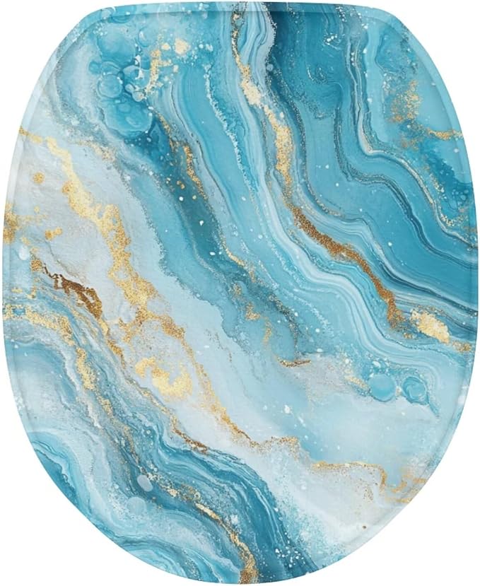 Blue Marble Toilet Seat Cover Elongated Replacement for Bathroom Decor Machine Washable White Marble Universal for Most Toilet Bowl Lids Elastic Bottom Soft