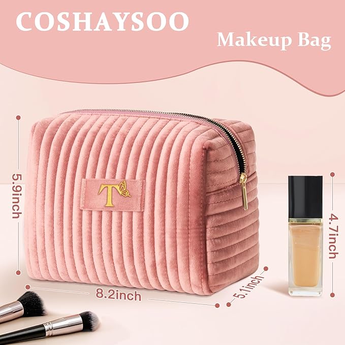 COSHAYSOO Travel Makeup Bag Quilted Make Up Pouch Initial Velvet Cosmetic Case with Butterfly Decorations for Womens Fashion Trending Birthday Easter Valentines Gifts Ideas Unique Pink Letter T
