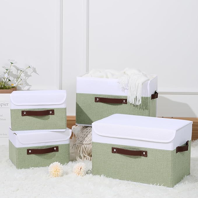 ANMINY Fabric Storage Box Bins with Lids, Green White, 15"x10"x10" | Keepsake Memory Storage, Cotton Linen, PP Board Reinforced, Washable, PU Handles, Foldable & Stackable, Decorative, Large
