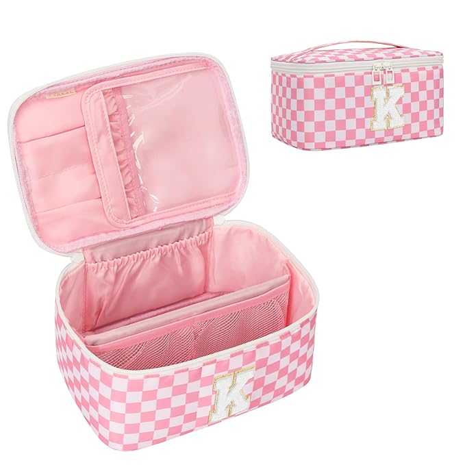 OCHEAL Makeup Bag Valentines Day Gifts for Women, Monogram Cosmetic Bag Pink Travel Makeup Case Beauty Toiletry Bag Organizer Personalized Gifts for Girls Bridesmaid, Sister, Wife, Friends Initial K