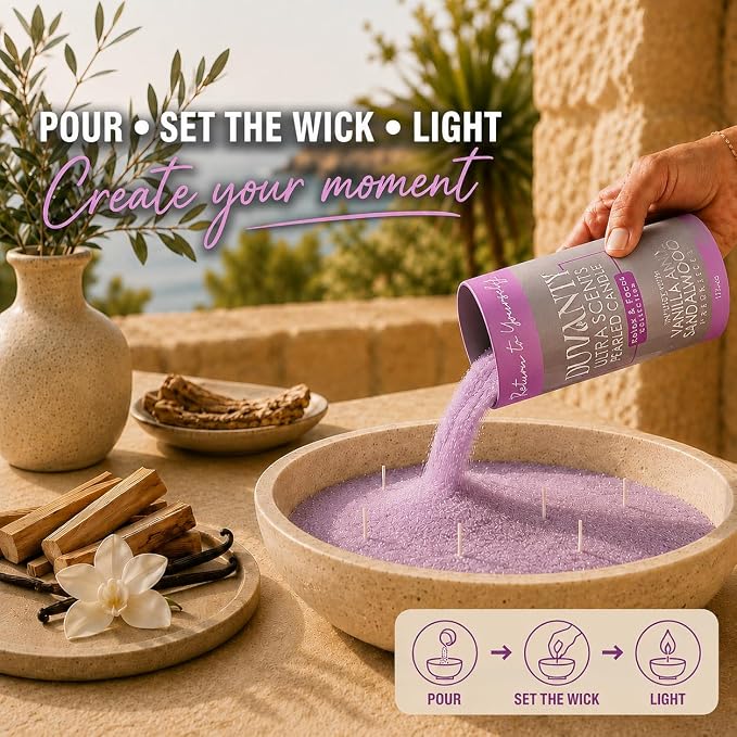 Relax & Focus Candle Sand with Wicks – Vanilla & Sandalwood Scented Wax Beads Candle for Calm Home Ambiance & Elegant Everyday Rituals, 17.6 oz
