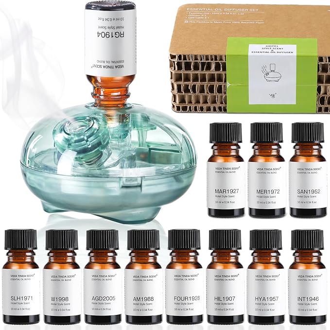 Waterless Essential Oil Diffuser with 12 x 10ml Hotel Fragrance Oils | Battery Operated, Cordless, Luxury Home Scents, Inspired by 5-Star Hotels, Aromatherapy Gift Set