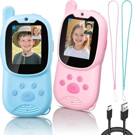 Video Walkie Talkies for Kids, Facetime Walkie Talkies Toys for Age 3-12 Boys Girls, HD Camera & Voice Changer 1000FT Long Range Recharge Kids Valentines Easter Gifts Indoor Outdoor Camp (Blue+Pink)
