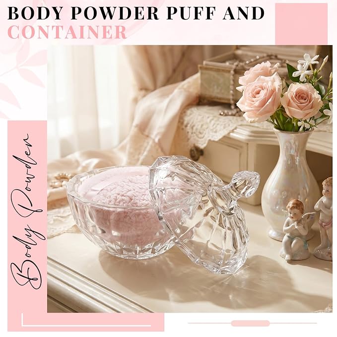 Tioncy 2 Pcs Extra Large Dusting Powder Puff and Container for Women-6'' Glass Crystal Dusting Powder Container with Body Soft Washable Reusable Velour Face(Clear,Diamond)