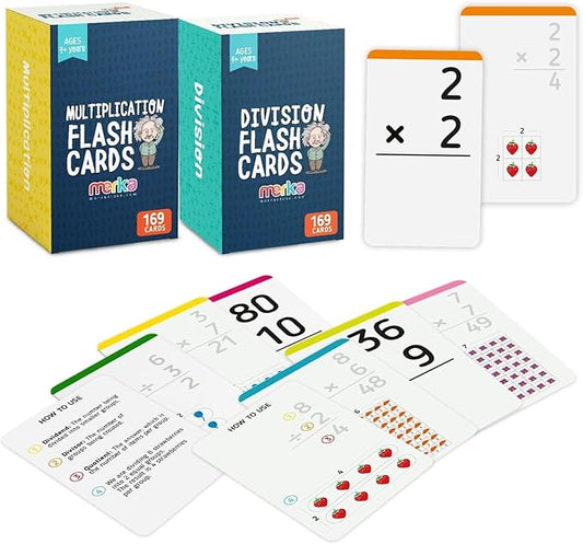 Merka Division & Multiplication Flash Cards - 2 Sets (338 Total Cards), Multicolor - Multiplication Facts to 12 for 3rd Grade - Division Flashcards with Dots for Visual Learning