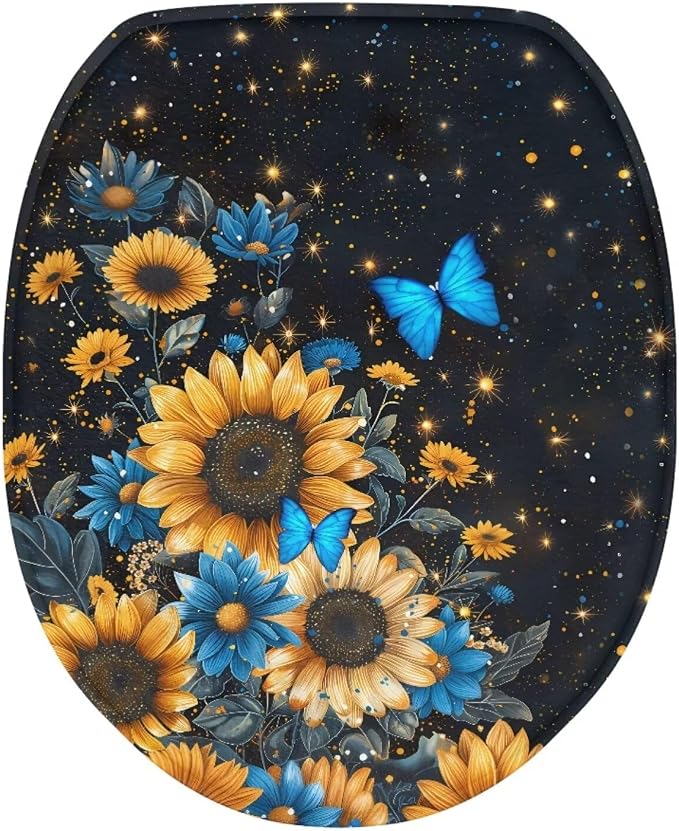 Butterfly Toilet Seat Cover with Elastic Band Sunflower Toilet Seat Dust Cover Soft Bathroom Replacement Butterflies Universal Fit Elongated Oval Round Lid Easy to Clean