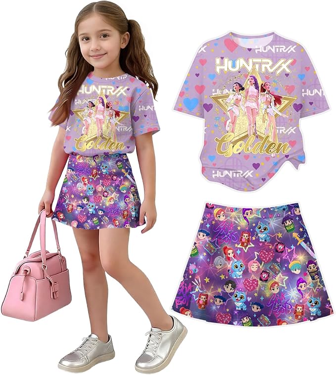 HTHLVMD K Pop Short Sleeve T-Shirt and Skirts Outfits Set for Girls Hunters Rumi Mira Zoey Graphic Tees De-Mon Costume