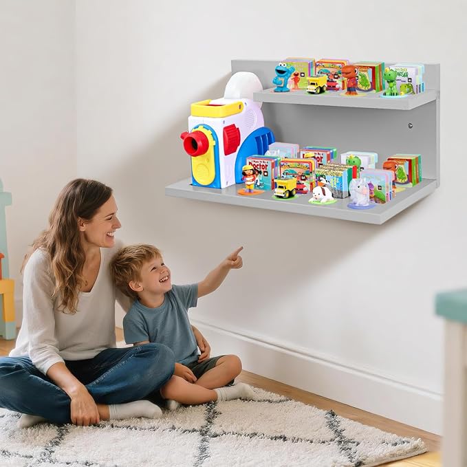 PHOENANCEE Floating Shelves for Little Tikes Story Dream Machine,Wall Shelf for Little Tikes Projector Books Audio Play Character Storage Tray Organizer for Toddlers Kids Girls Boys,Pine(Gray White)