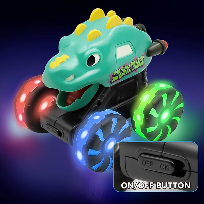 Green Dino Monster Truck – LED Light-Up Press and Go Toy Car for Toddlers Age 2 3 4 5 – Dinosaur Truck with Flashing Wheels and Chomping Mouth for Boys and Girls