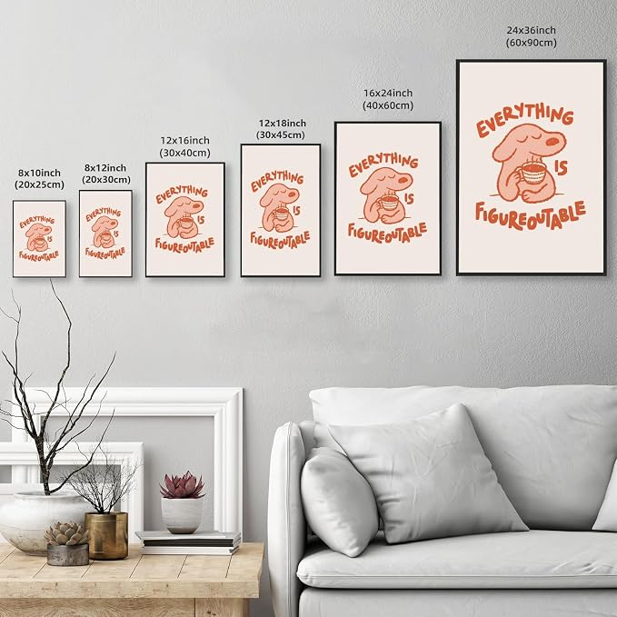 Everything Is Figureoutable Motivational Poster Cute Dog Positive Quote Inspirational Wall Art Funny Cartoon Mental Health Coffee Canvas Print for Kids Room Home Decor 12x18inch Black Aluminum Frame