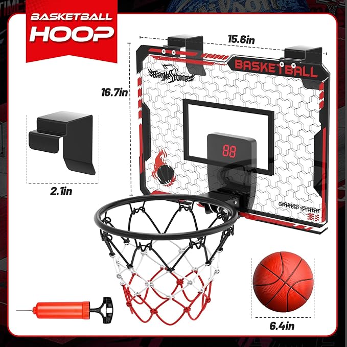 EagleStone Mini Indoor Basketball Hoop with Scoreboard,4 Balls & Pump,Over The Door Bedroom Office Basketball Hoop for 6 7 8 9 10 11 12+ Year Old Kids Boys