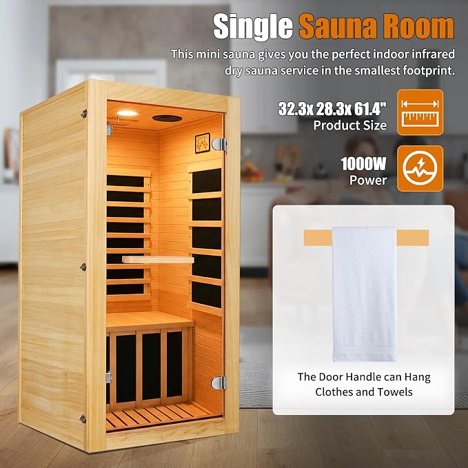 Infrared Sauna 1 Person Far Infrared Sauna Indoor Home Dry Sauna | Wood Low EMF for Home Gym Spa with Speakers & 10 Color Lights for Women Men Elder Compact Size 32.3 * 28.3 * 61.4"