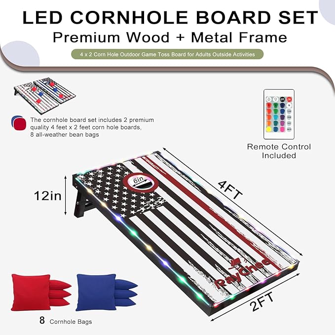LED Cornhole Set, 3 x 2ft / 4 x2 ft Cornhole Board Game Set, Corn Hole Outdoor Game, Multi-Design with Light-Up Border, 8 Bean Bags, Carrying Case for Backyard, Beach, Lawn
