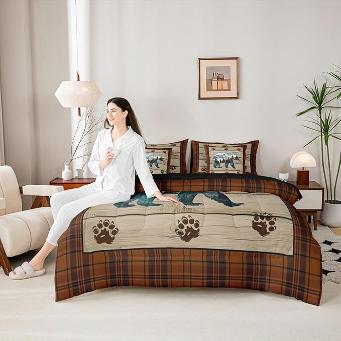 Feelyou Rustic Bear Comforter Set with Sheets Wild Animal Bear Full Size 7 Piece Bedding Set Kids Boys Girls Hunting Theme Bed in a Bag Rustic Cabin Country Room Decor