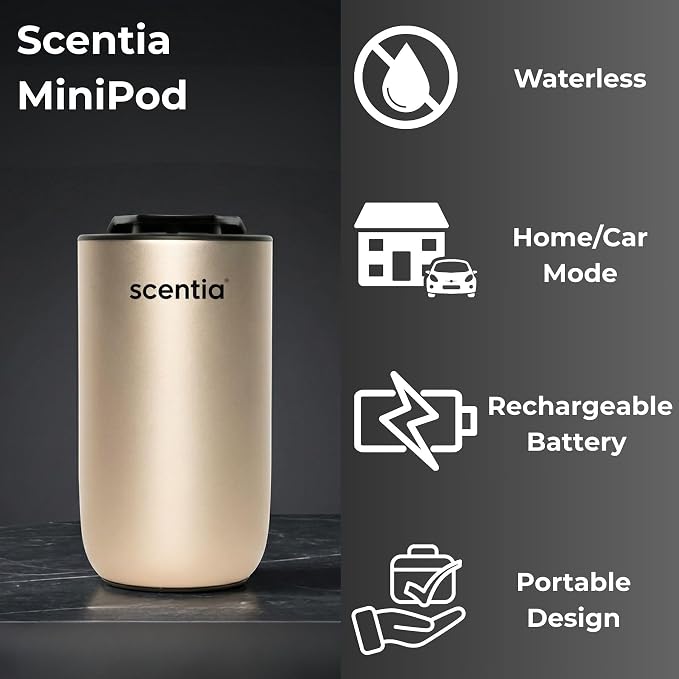 Scentia MiniPod Gold Waterless Diffuser for Essential Oil, Smart Car Air & Home Freshener with 3 Mist Levels & LED Light, Auto On/Off Rechargeable, Portable Scent Air Machine