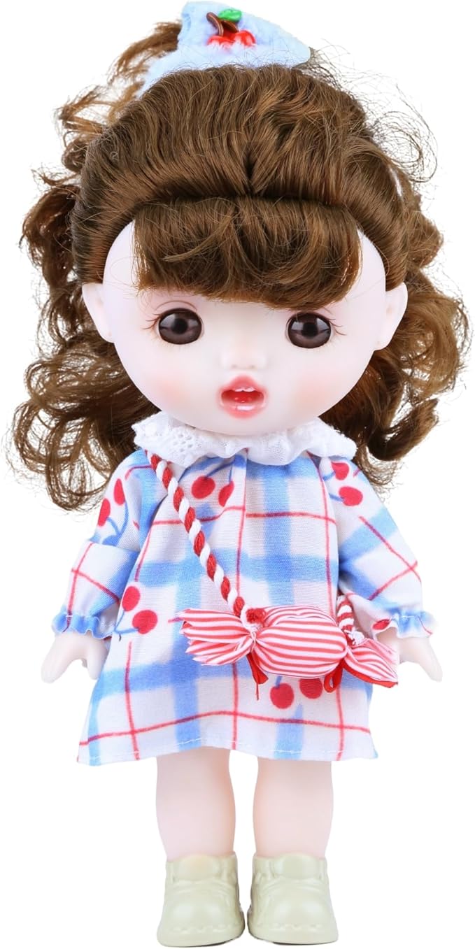 Vinyl Plush Doll, Dolls for Girls with Vinyl Face Brown Curly Hair Blue Dress Cute Movable Arms Legs, Princess Toys Kawaii Jointed Dolls Gifts for Collectibles Birthday Christmas Room Décor 8.6 Inch