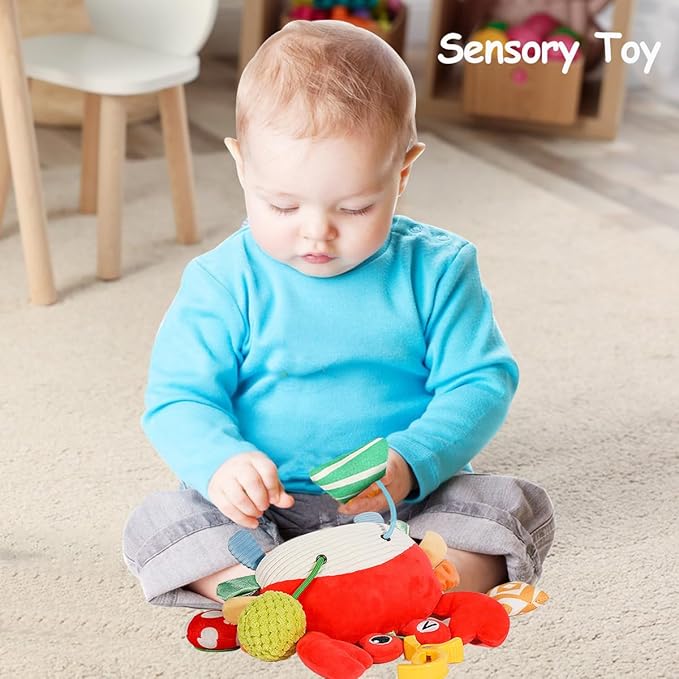 Baby Activity Hanging Toy, Soft Plush Crab Sensory Toys with Rattle ＆ Textures, Baby Stroller Toy, Toy for Car Seat and Crib, Early Educational Toys for Infant Boys and Girls