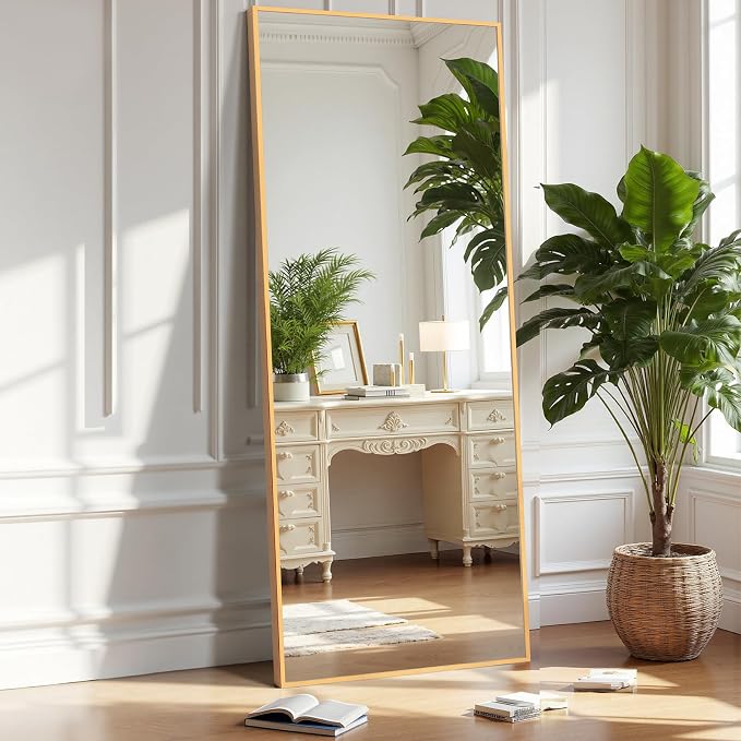 OLIXIS 59"x16.6" Full Length Mirror, Full Body Mirror with Stand | Aluminum Alloy Thin Frame, Free Standing Mirrors for Bedroom, Hanging or Leaning Floor, Living Room Bedroom, Gold