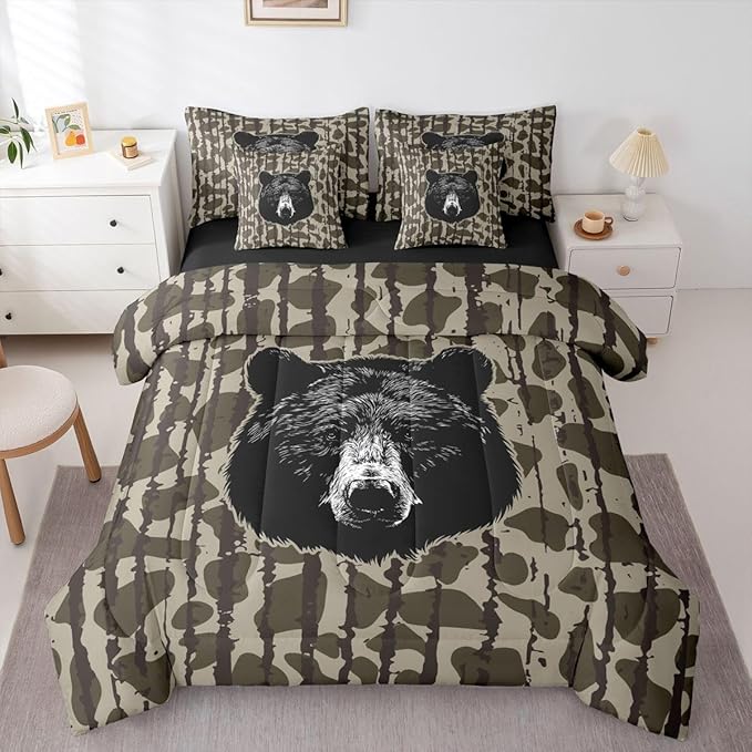 Feelyou Camouflage Camo Bear Comforter Set with Sheets 7 Piece King Size Hunting Wild Animal Deer Bed in a Bag Kids Boys Girls Rustic Farmhouse Bedding Set Bedroom Decor Soft Lightweight Microfiber
