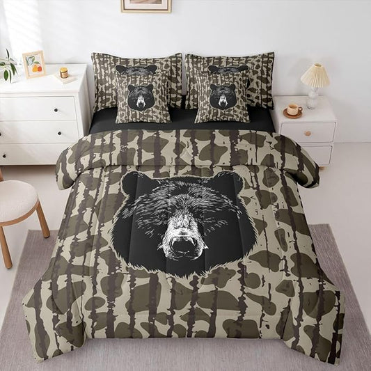Feelyou Camouflage Camo Bear Comforter Set with Sheets 7 Piece King Size Hunting Wild Animal Deer Bed in a Bag Kids Boys Girls Rustic Farmhouse Bedding Set Bedroom Decor Soft Lightweight Microfiber
