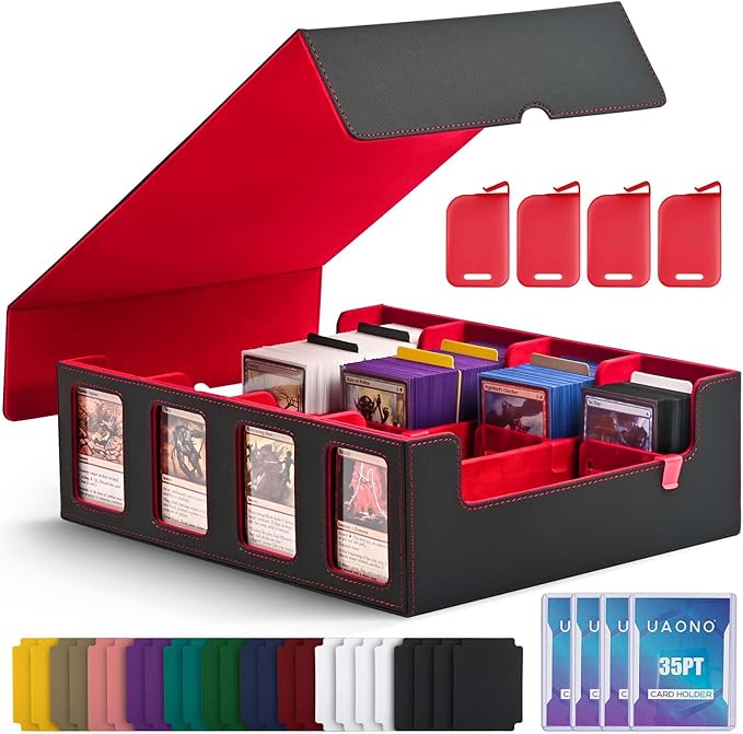 UAONO Trading Card Storage Box with Commander Display; 2400+ Deck Box for MTG with Removable Cover; Top Loaders Card Case fits Magic TCG PTCG Sports Cards; 24 Dividers, 4 Stoppers (Black, Red)