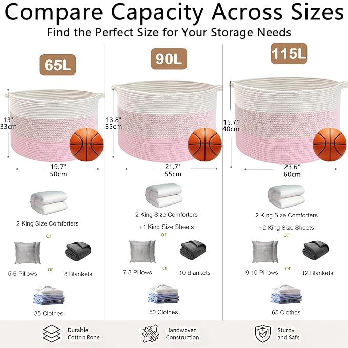90L Extra Large Blanket Basket,Woven Rope Laundry Basket-Mixed Pink | Collapsible, reinforced handles, nursery storage bin organizes clothes, toys and pillows for living room, bedroom bathroom