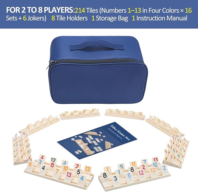 Rummy Cube 6-8 Player Edition with 8 Wooden Holders, 214 Large Numbers Rummy Tiles Set with Carrying Bag, Rummy Travel Game Set with 8 Tiles Racks