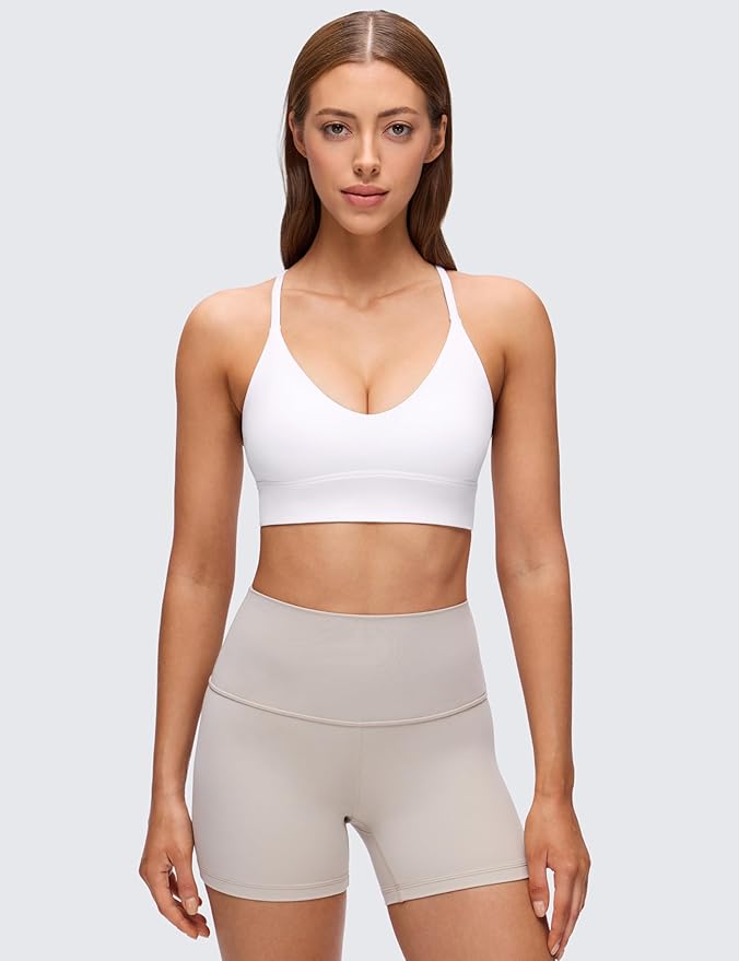 CRZ YOGA Butterluxe Thin Straps Cross Back Longline Sports Bras for Women - Padded V Neck Yoga Crop Top