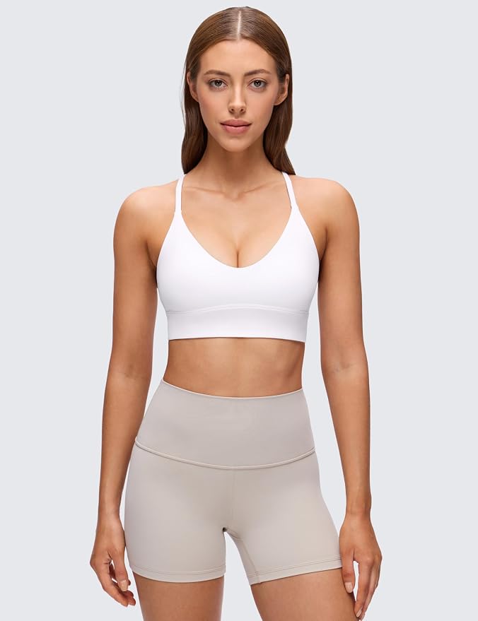 CRZ YOGA Butterluxe Thin Straps Cross Back Longline Sports Bras for Women - Padded V Neck Yoga Crop Top