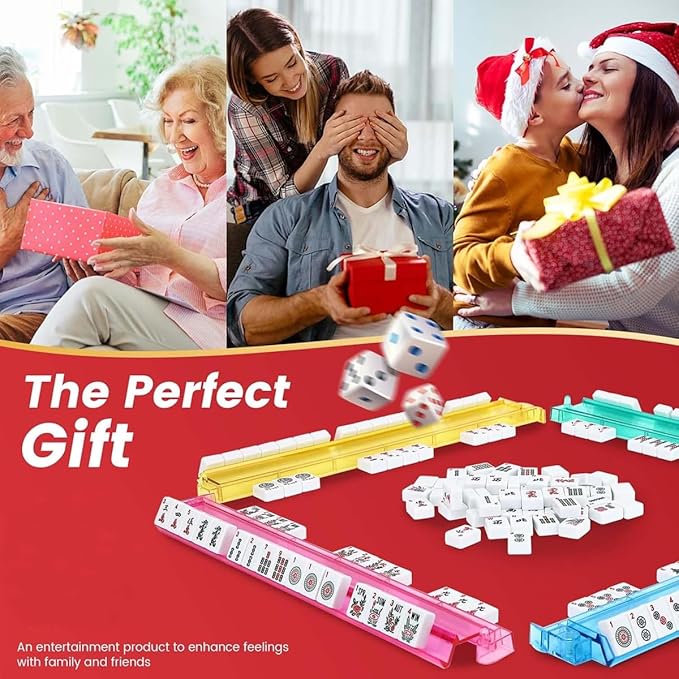 American Mahjong Set - 166 Premium White Tiles with 4 All-in-One Racks & Pushers, 3 Dices, 100 Chips, Wind Indicator & English Manual - Gift for Men Women, Classic Mah-Jong Set in Carrying Bag