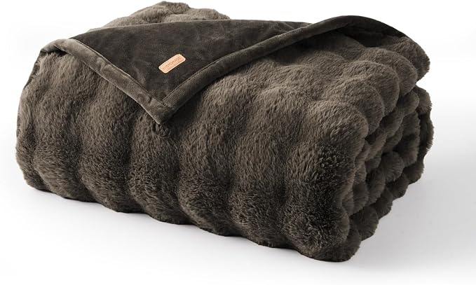 Faux Rabbit Fur Bubble Throw Blanket, 50"x60", Dark Taupe | Ultra Soft, Luxury Faux Rabbit Fur Throw, Thick Warm Bubble Blanket, Cozy Fluffy Reversible, for Bed, Couch, Chair, Sofa