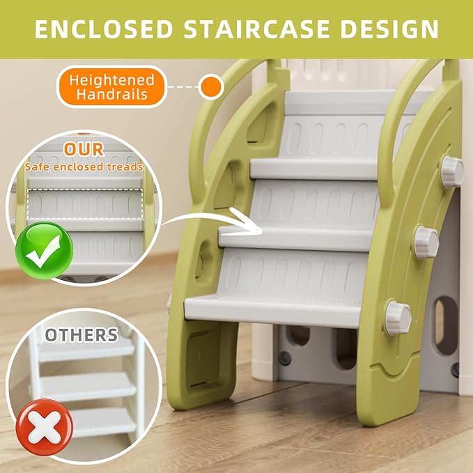 XJD 10 in 1 Toddler Slide, Jungle Double Slide Playset with Basketball Hoop, Tunnel and Storage Space, Outdoor Indoor Slide for Toddlers Age 1+,Tree House Design Toddlers Outdoor Playground (Green)