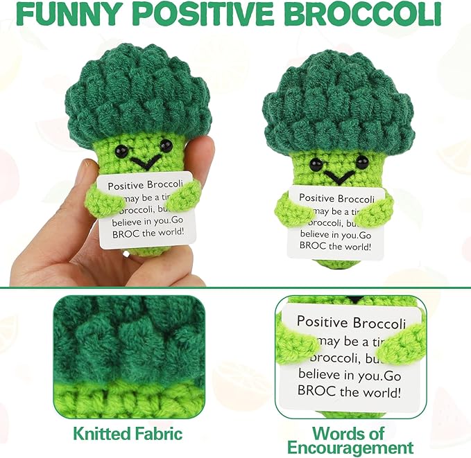 Hoedia Handmade Emotional Pickle Gift, Cucumber Crochet Doll Inspirational Gifts with Cards, Cute Knitted Funny Support Pickle Potato Friend Birthday (Broccoli)