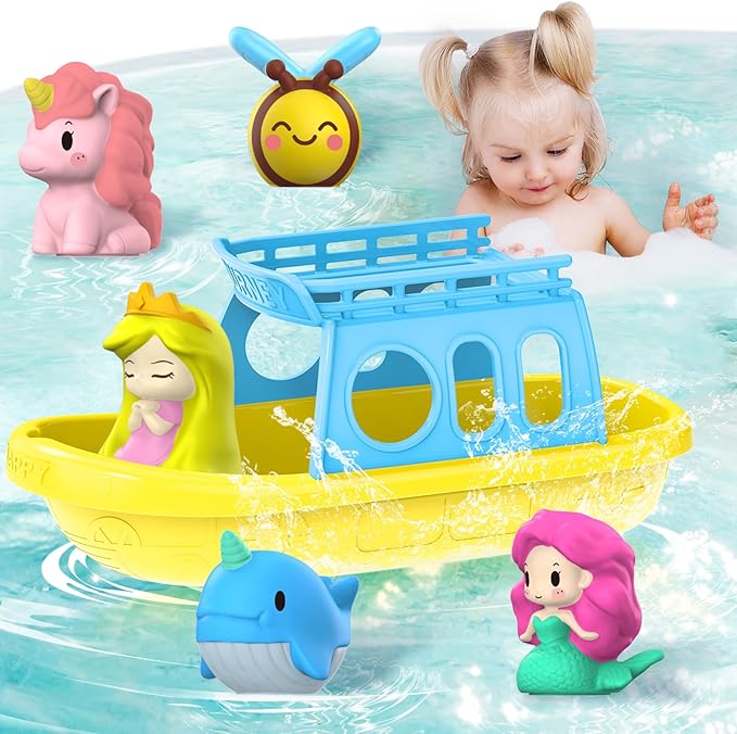 Oriate Mermaid Princess Finger Puppets Bath Toys(5 PCS) for Kids Toddlers 1-3 with Bath Boat, Baby Bathtub Shower Toys, Animal Whale Bee, Floating Water Beach Pool Toys