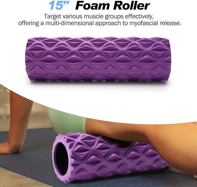 JOYENERGY 5 in 1 Foam Roller Set Trigger Point Foam Roller, Massage Roller Stick, Massage Ball, Stretching Strap for Deep Muscle Massage Pilates Yoga, Fitness Exercise for Whole Body (Purple Diamond)
