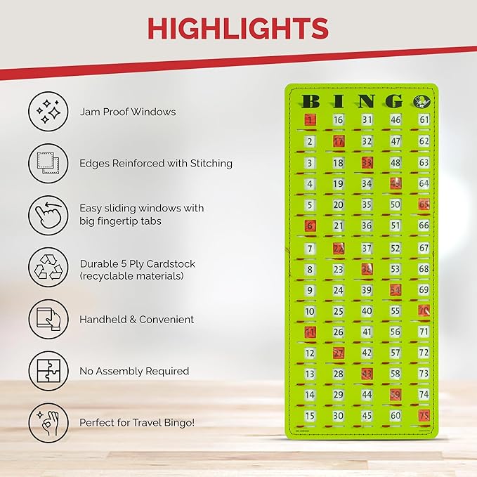 MR CHIPS Jam-Proof Finger Tip Master Bingo Card with Sliding Windows Large Cardboard Calling Cards Green Style