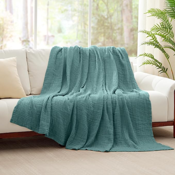 100% Cotton Muslin Blanket Large 50" x 70", 6 Layers Breathable and Lightweight Cotton Throw Blanket for Bed and Couch, Soft Quilt Bedspread, Gauze Blanket for Adults All Season, Teal