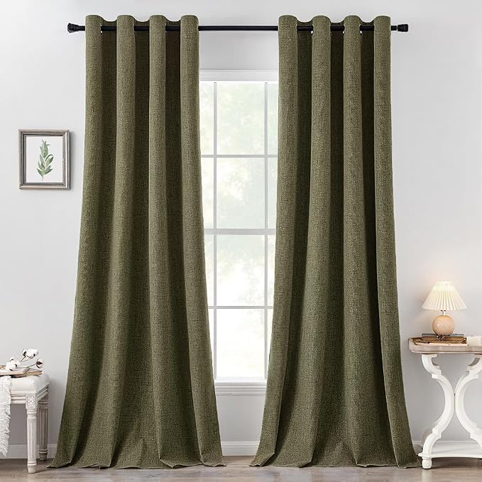MIULEE Linen Texture Curtains for Bedroom Solid 100% Blackout Thermal Insulated Light Olive Green Curtains Grommet Room Darkening Drapes for Living Room 52x108 Inch (2 Panels)