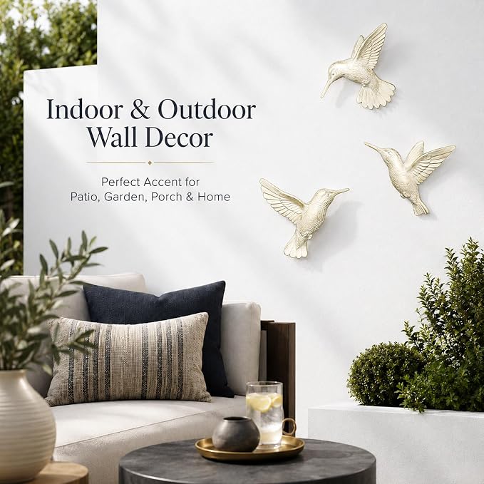 GUSFREUD 3D Hummingbird Wall Decor Set - Gold Resin Bird Wall Decor for Living Room, Bedroom and Gallery Walls - Ivory Gold - Set of 3