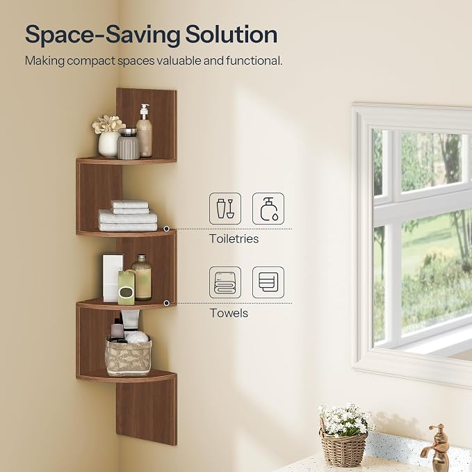 HOOBRO Corner Shelf Wall-Mounted, Set of 2 Floating Corner Shelves for Wall, 4-Tier Corner Bookshelves for Living Room, Bedroom, Bathroom, Home Office, Walnut WL25BJP201