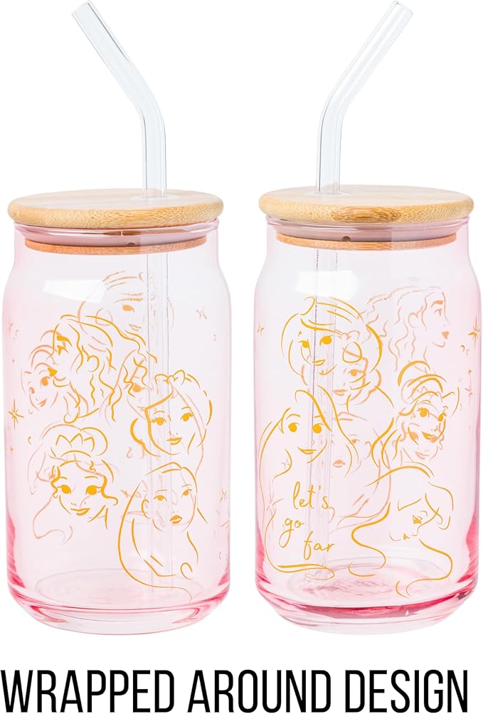 Silver Buffalo Disney Princess Glass Tumbler with Bamboo Lid and Glass Straw Featuring Pocahontas, Tiana, Snow White, Ariel, Belle, Jasmine, Rapunzal, Cinderella, and Moana, 16 Ounces