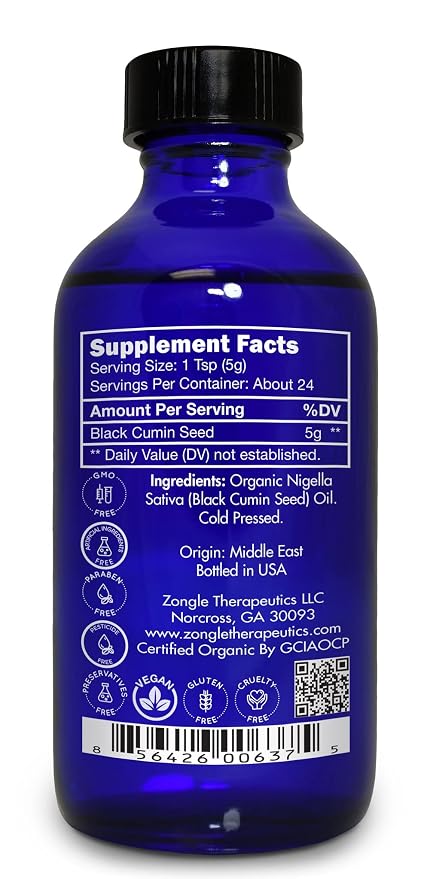 Organic, Black Seed Oil, Cold Pressed, for Hair, Face, Immune Support– 100% Pure, Black Seed Oil, by Zongle Therapeutics, 4 OZ