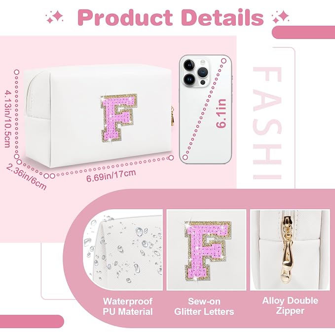 Small Initial Patch Makeup Bag Personalized Gifts Make Up Bag,White Cute PU Leather Glitter Letter Cosmetic Bag with Zipper,Trendy Portable Travel Toiletry Pouch,Preppy Stuff for Teen Girls Women F