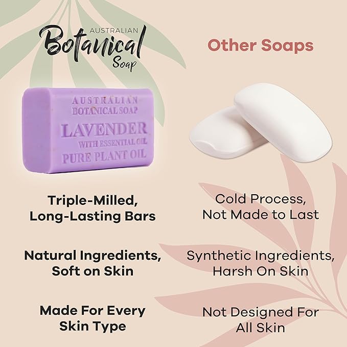 Australian Botanical Soap Lavender with Essential Oil – Triple Milled 6.6 oz Bar Soap with Shea Butter, Face Hand & Body Bars, Pack of 4