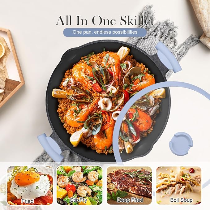 Large Frying Pan Skillet Nonstick with Lid, 14 Inch Deep Saute Pan, Big Induction Pan for Cooking, 2-1 Non Stick Cookware with Helper Handle, Family Size, Suitable for All Stoves, PFOA-Free