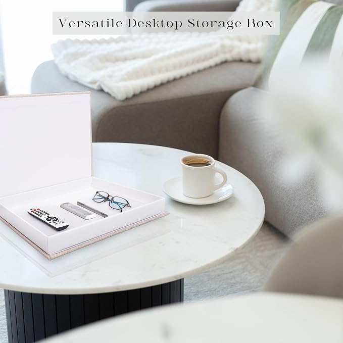 Faux Book Box Storage Set 2-Pack, Linen Beige | Decorative organizer for bookshelf coffee table, eco-friendly odor-free lightweight, sturdy cardboard