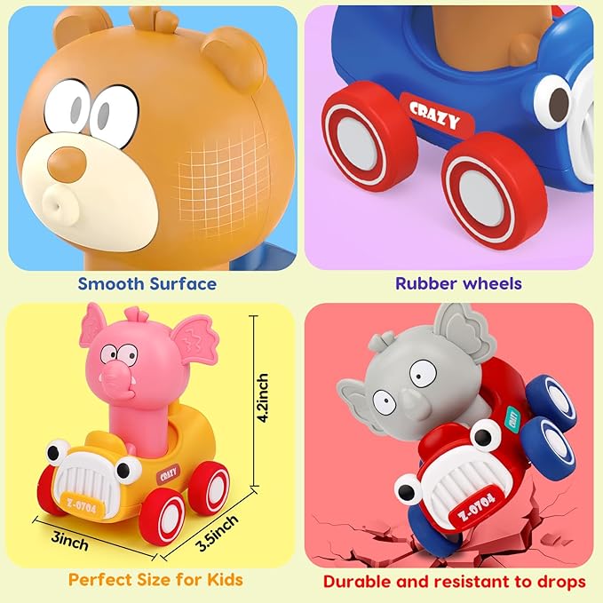 AugToy Press and Go Toy Cars for Toddlers 1-3 Push Go Animal Racing Baby Cars Toys Infant 6-12-18 Months Toys for 1 Year Old Boy Girl First Birthday Gifts for One Two 2 Year Old Toddler Toys 1-2 2-3